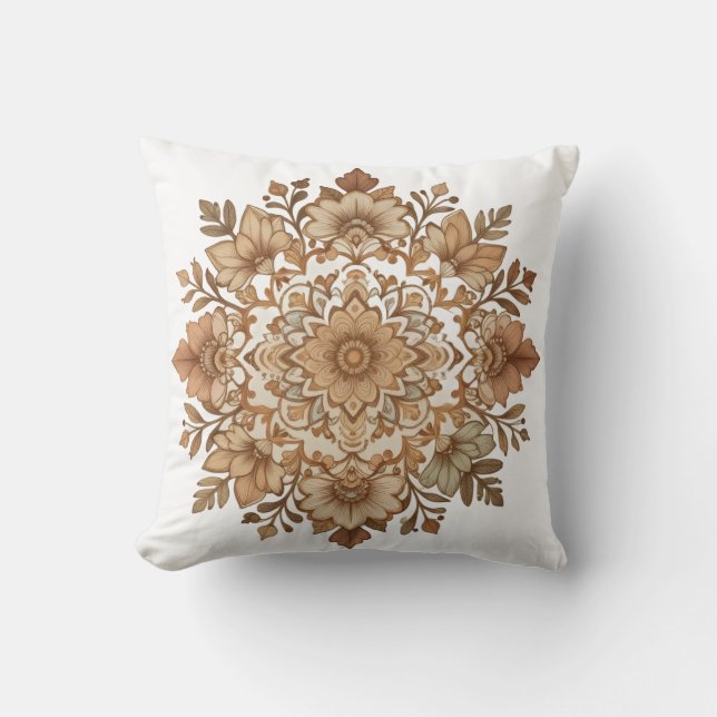 Intricate Mandala Floral Brown Tones Art Cushion (Front)