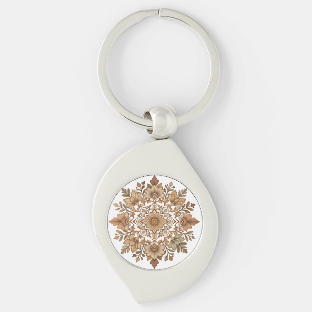 Intricate Mandala Floral Brown Tones Art Key Ring (Front)