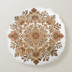 Intricate Mandala Floral Brown Tones Art Round Cushion