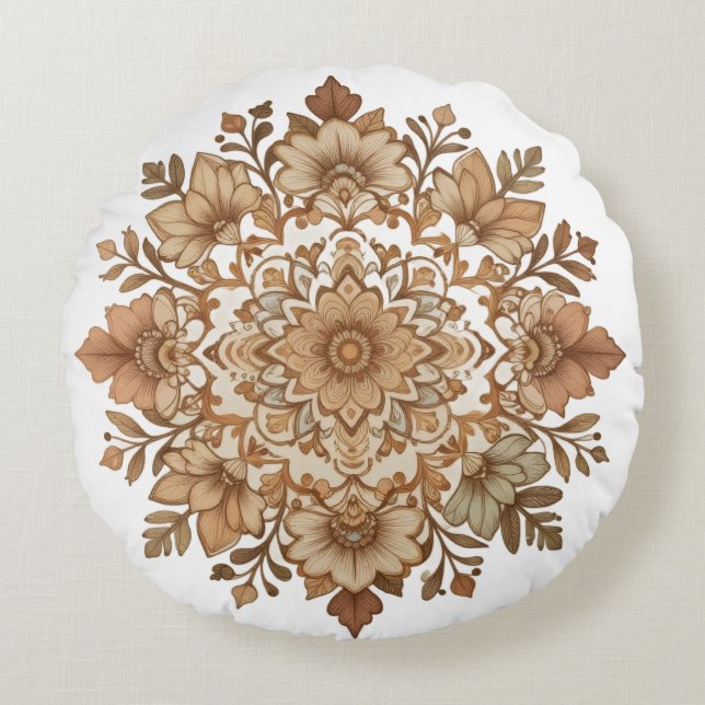 Intricate Mandala Floral Brown Tones Art Round Cushion (Front)