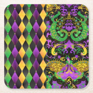 Intricate Mardi Gras Colors Dragon, Diamond Square Paper Coaster