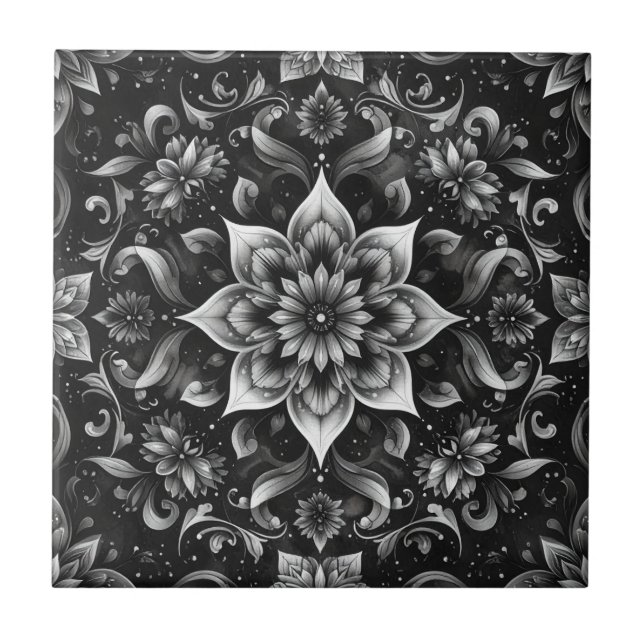 Intricate Monochrome Ornate Floral Tile (Front)