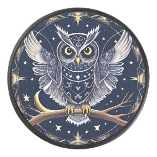 Intricate Night Owl Illustration Hockey Puck