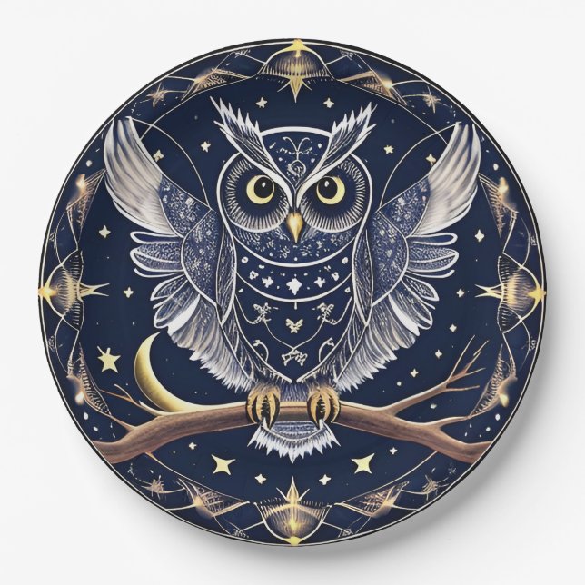 Intricate Night Owl Illustration Paper Plate (Front)