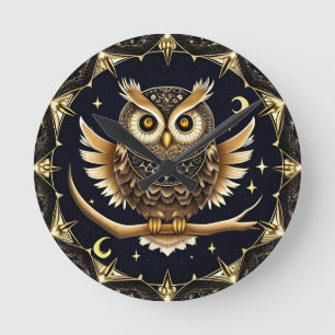 Intricate Night Owl Illustration Round Clock