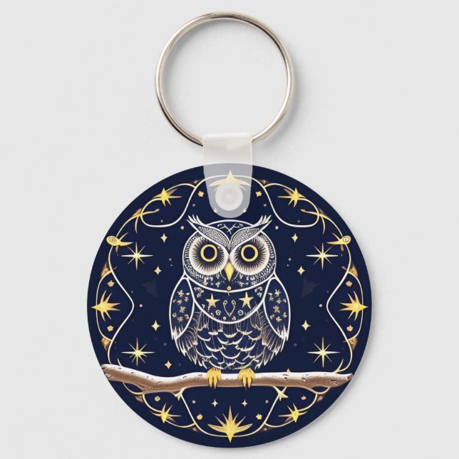 🦉 Intricate Night Owl Moon Detailed Wildlife Art  Key Ring (Front)