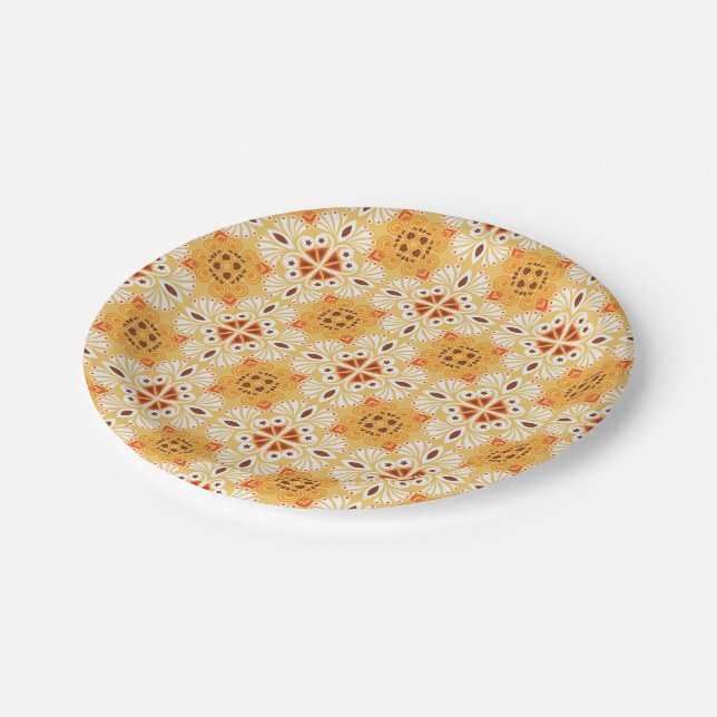 Intricate orange and brown geometric pattern paper plate (Angled)