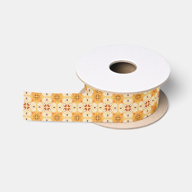 Intricate orange and brown geometric pattern satin ribbon (Spool)