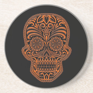 Intricate Orange Sugar Skull on Black Coaster