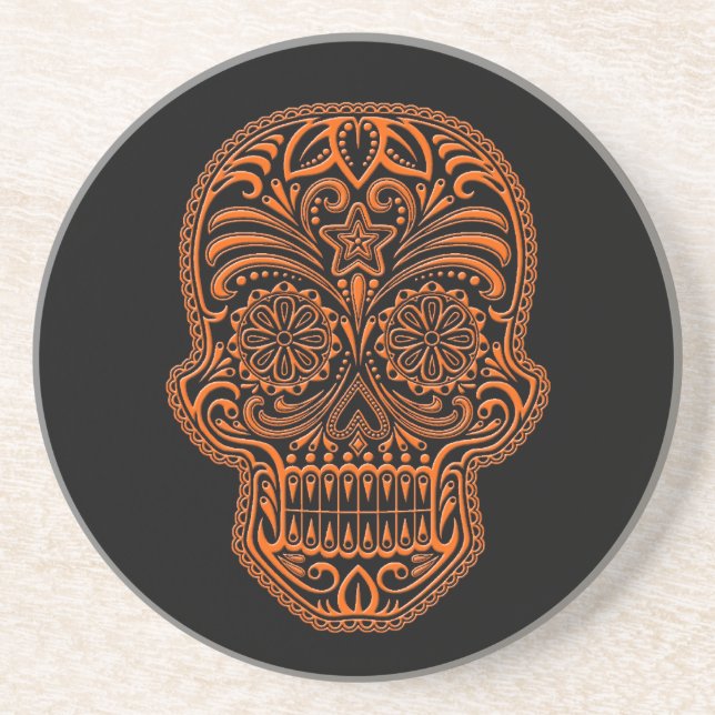 Intricate Orange Sugar Skull on Black Coaster (Front)