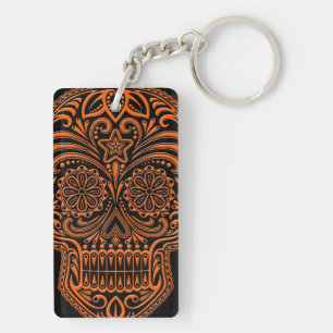 Intricate Orange Sugar Skull on Black Key Ring