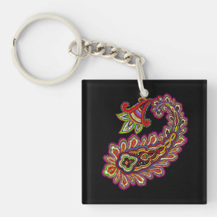 Intricate Paisley in Vibrant Pinks on Black Key Ring
