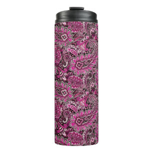 Intricate Paisley in Vibrant Pinks on Black Thermal Tumbler