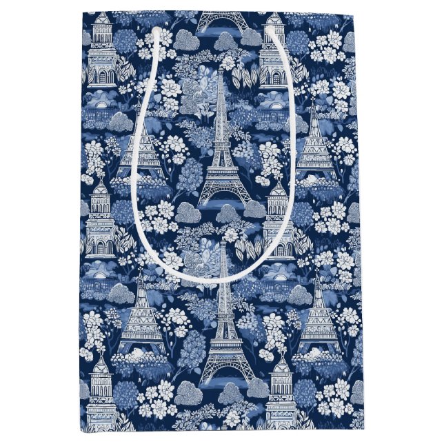 Intricate Parisian Blue Toile patterned Medium Gift Bag (Front)