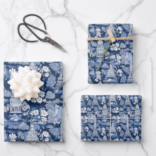 Intricate Parisian Blue Toile patterned Wrapping Paper Sheet