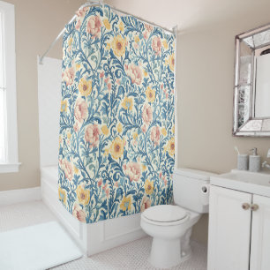 Intricate Pastel Floral Pattern with Blue Foliage Shower Curtain
