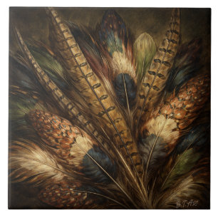 Intricate pheasant feather close-up ceramic tile