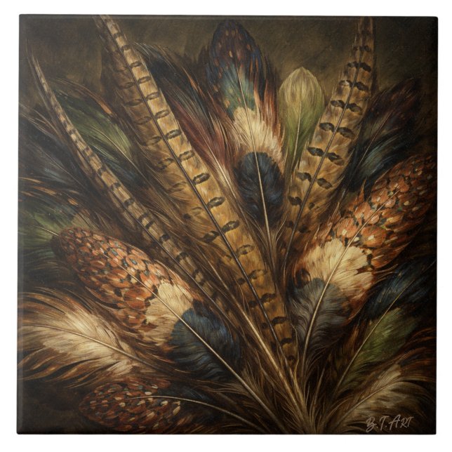Intricate pheasant feather close-up ceramic tile (Front)