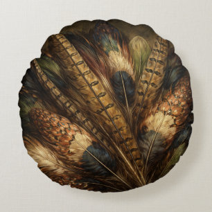 Intricate pheasant feather close-up round cushion