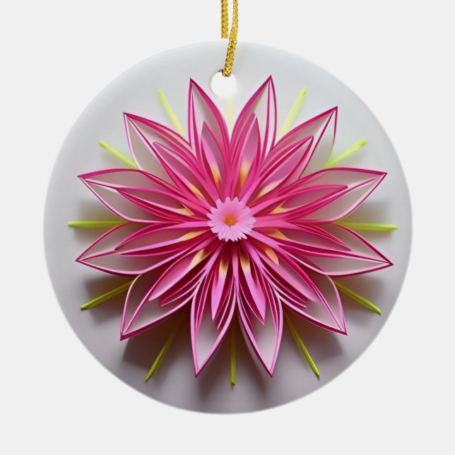 Intricate Pink Floral Origami Design Ceramic Ornament (Front)