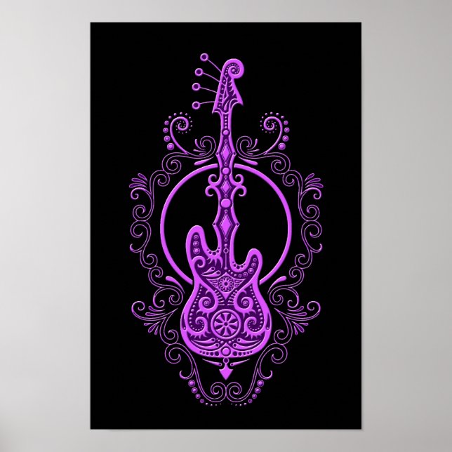 Intricate Purple Bass Guitar Design on Black Poster (Front)