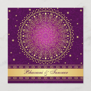 Intricate Purple Gold Scrolls Stars Wedding Invite
