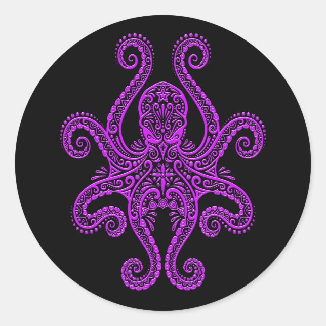 Intricate Purple Octopus on Black Classic Round Sticker (Front)