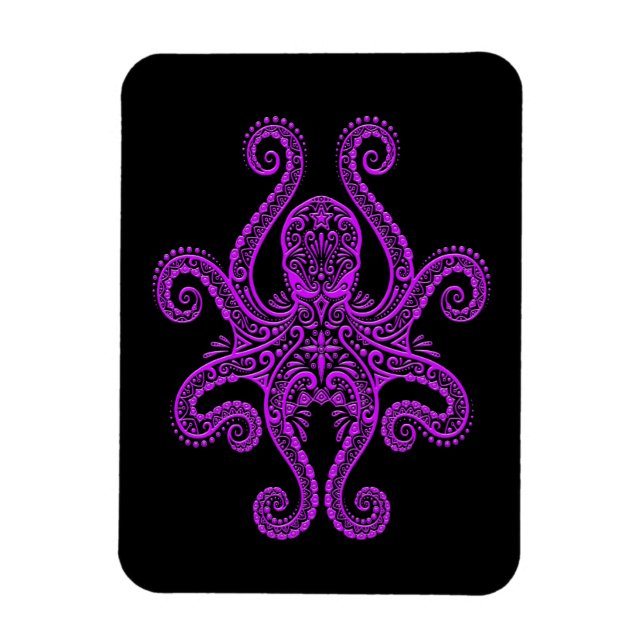 Intricate Purple Octopus on Black Magnet (Vertical)