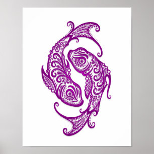 Intricate Purple Pisces Zodiac on White Poster
