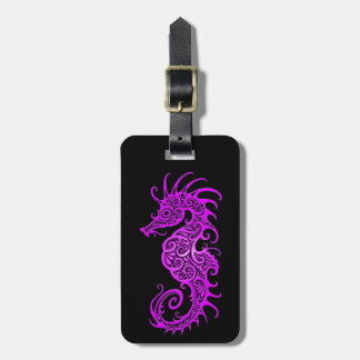 Intricate Purple Seahorse Design on Black Luggage Tag