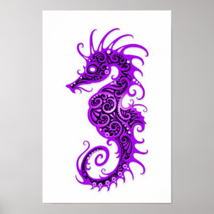 Intricate Purple Seahorse Design on White Poster