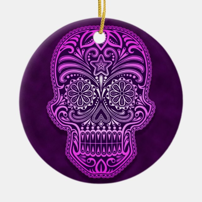 Intricate Purple Sugar Skull Ceramic Tree Decoration (Front)