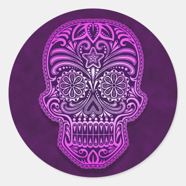 Intricate Purple Sugar Skull Classic Round Sticker (Front)