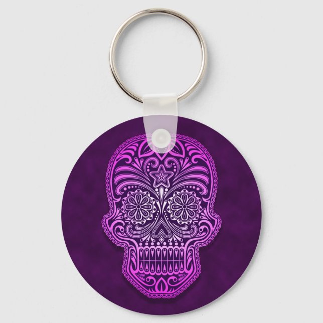 Intricate Purple Sugar Skull Key Ring (Front)