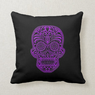 Intricate Purple Sugar Skull on Black Cushion