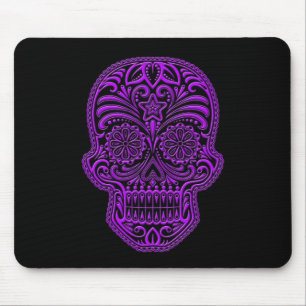 Intricate Purple Sugar Skull on Black Mouse Pad