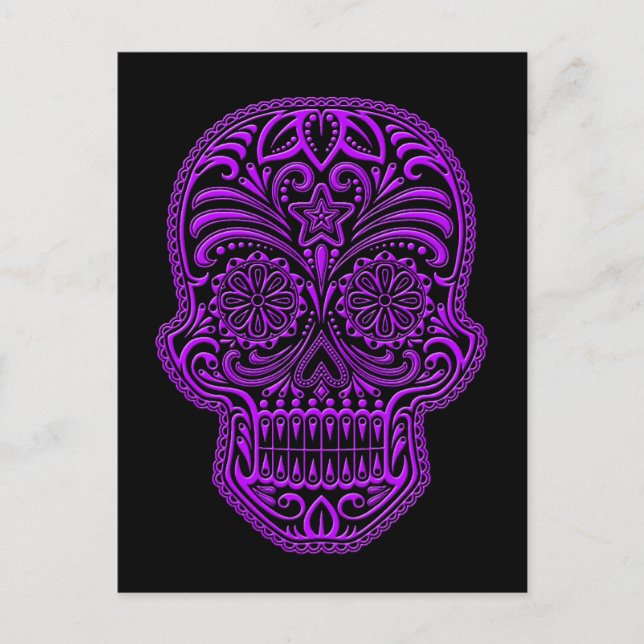 Intricate Purple Sugar Skull on Black Postcard (Front)