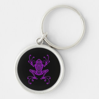 Intricate Purple Tree Frog on Black Key Ring