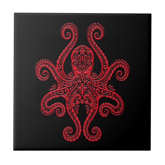 Intricate Red Octopus on Black Ceramic Tile (Front)