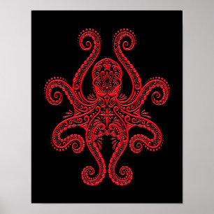 Intricate Red Octopus on Black Poster