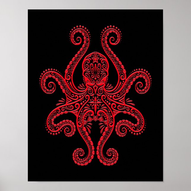 Intricate Red Octopus on Black Poster (Front)