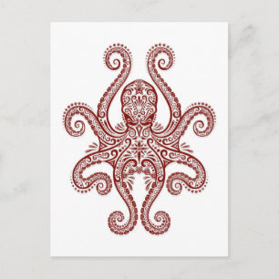 Intricate Red Octopus on White Postcard