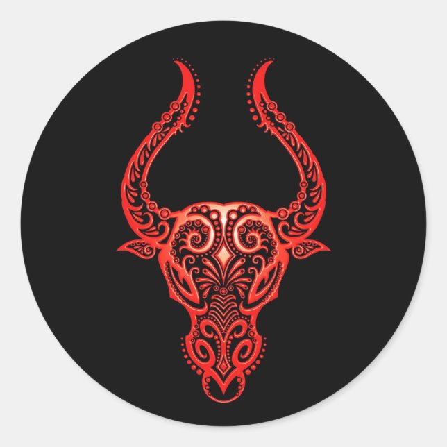 Intricate Red Taurus Zodiac on Black Classic Round Sticker (Front)
