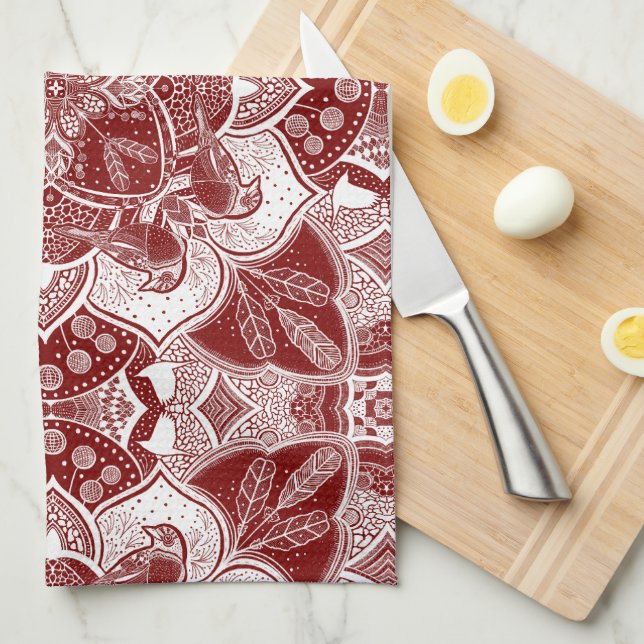 Intricate Robins Bird Mandala Hand-Drawn Tea Towel (Quarter Fold)