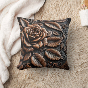 Intricate Rose Relief on Dark Leather Cushion