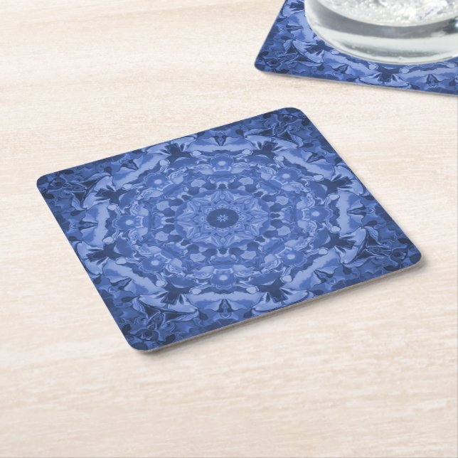 Intricate Royal Blue Kaleidoscope Square Paper Coaster (Angled)