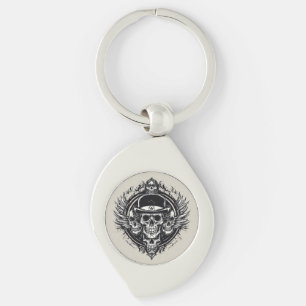 Intricate Skull Design Featuring Wings and Symbols Key Ring