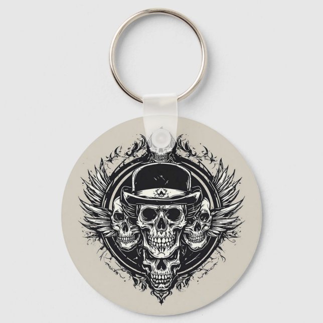Intricate Skull Design Featuring Wings and Symbols Key Ring (Front)