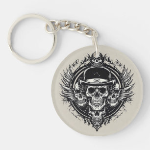 Intricate Skull Design Featuring Wings and Symbols Key Ring