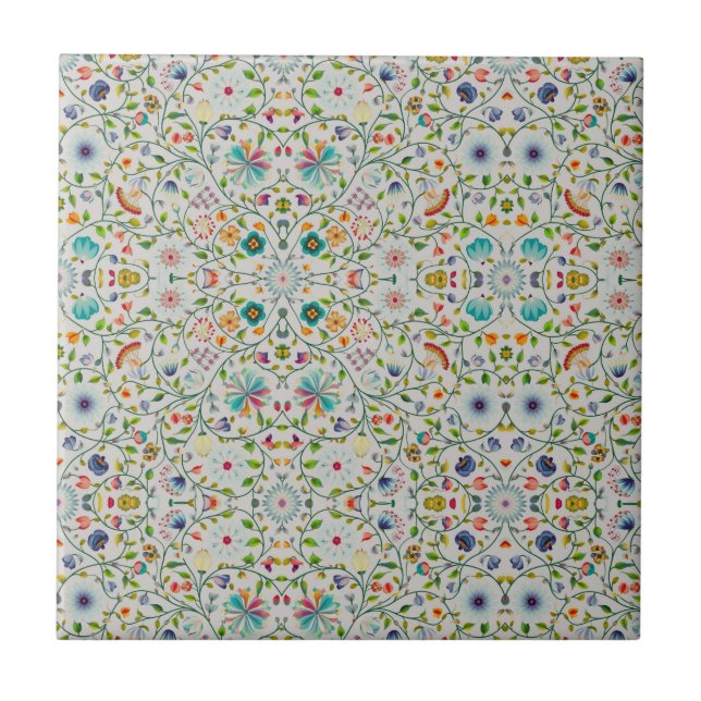 intricate Soft floral Botanical Colourful Ceramic Tile (Front)